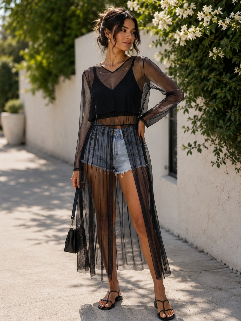 ZARA NAVY  Sheer Maxi Overlay Sheer Top